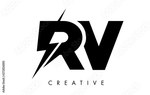 RV Letter Logo Design With Lighting Thunder Bolt. Electric Bolt Letter Logo