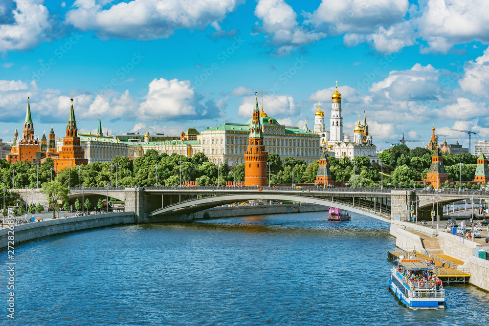 Summer view of the churches of Kremlin by Moscow river. Moscow. Russia.