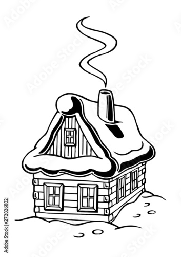Wooden Hut In The Mountains Covered By Snow Black And White Clipart Stock Vector Adobe Stock