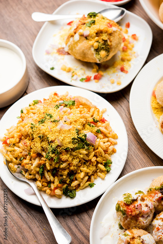 group of Bombay chat food includes golgappa/panipuri, bhel-puri, sev-poori, dahipuri, Ragda pattice, raj kachori etc. selective focus