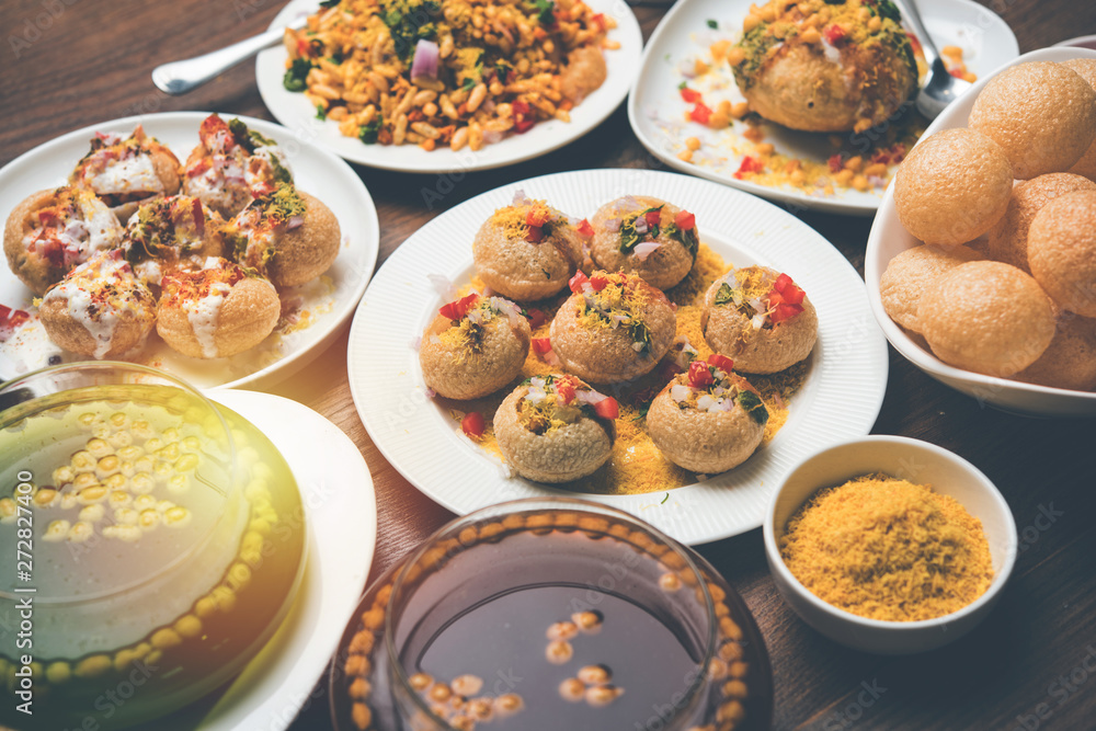group of Bombay chat food includes golgappa/panipuri, bhel-puri, sev-poori, dahipuri, Ragda pattice, raj kachori etc. selective focus group of Bombay chat food includes golgappa/panipuri, bhel-puri, sev-poori, dahipuri, Ragda pattice, raj kachori etc. selective focus