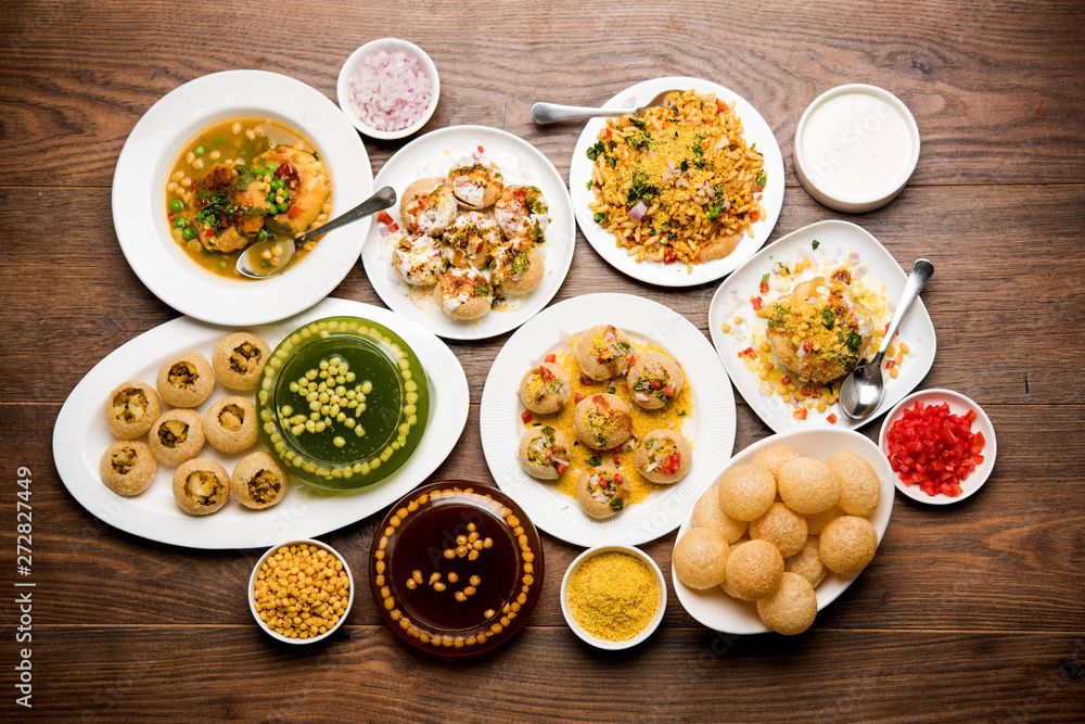 group of Bombay chat food includes golgappa/panipuri, bhel-puri, sev-poori, dahipuri, Ragda pattice, raj kachori etc. selective focus - obrazy, fototapety, plakaty 