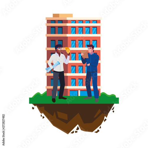 interracial male builders constructors with building