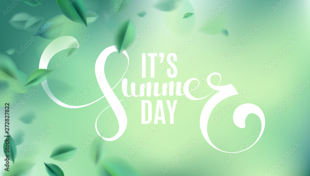 Green nature background with blurred spring leaves, It is Summer Day text and white frame vector illustration Green nature background with blurred spring leaves, It is Summer Day text and white frame vector illustration