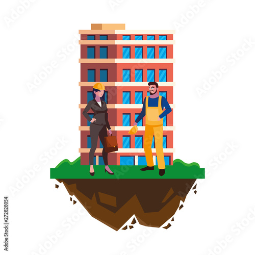 male builder constructor with woman engineer and building