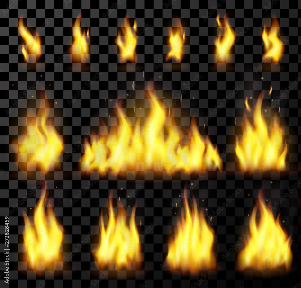 Red realistic fire set on a transparent background. for danger concept or web design. Flame set and red fire set Red realistic fire set on a transparent background. for danger concept or web design. Flame set and red fire set