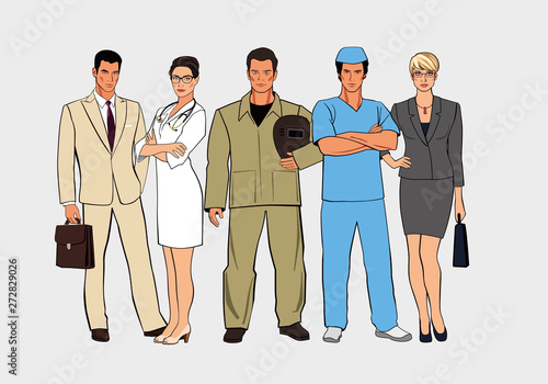 A set of figures of various professions. Men and women in different uniforms stand together. Vector drawn graphics