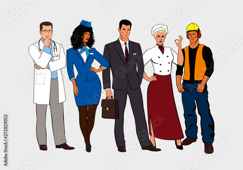 Drawn men and women of different professions stand together. Vector drawn graphics