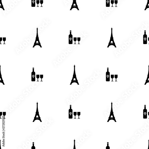 Seamless pattern paris symbols. Bottle of wine and eiffel tower on white background. Vector illustration for design, web, wrapping paper, fabric, wallpaper.