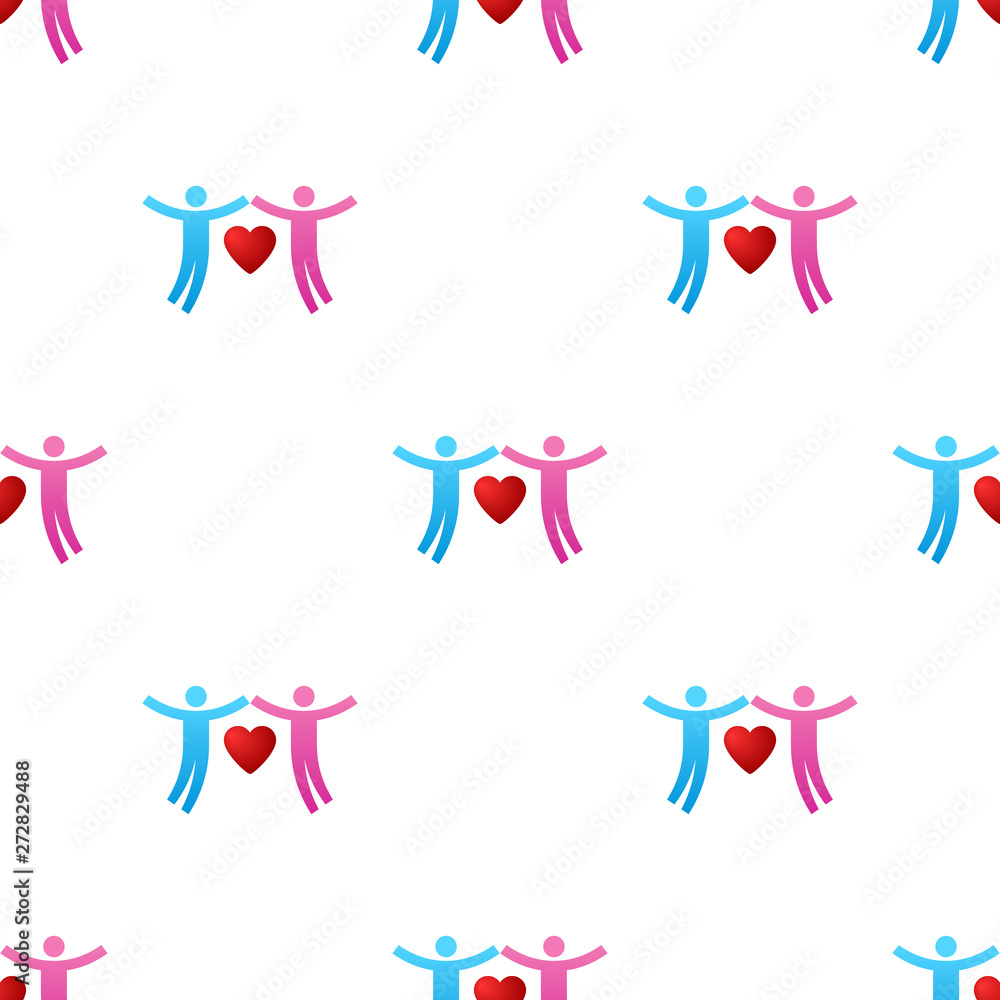 Seamless pattern with couple icons. Give love. Charity concept. Pair of lovers with heart. Male and female. Vector illustration for design, web, wrapping paper, fabric, wallpaper.