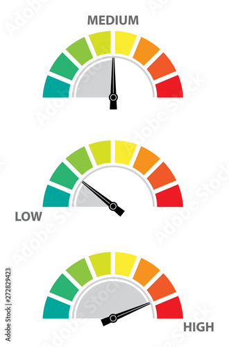 Speedometer High Risk / Low Risk and Medium Risk collection. Speed and risk control concept presentation.