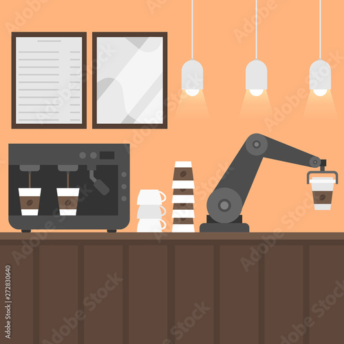 Flat coffee house interior with modern robot arm. Futuristic barista machine, cappuccino maker. Cafe and bar equipment