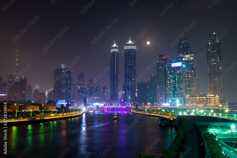Beautiful night view from Tolerance bridge in Dubai, United Arab Emirates