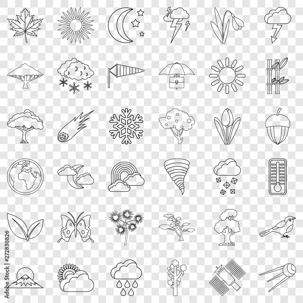 Meteorology icons set. Outline style of 36 meteorology vector icons for web for any design