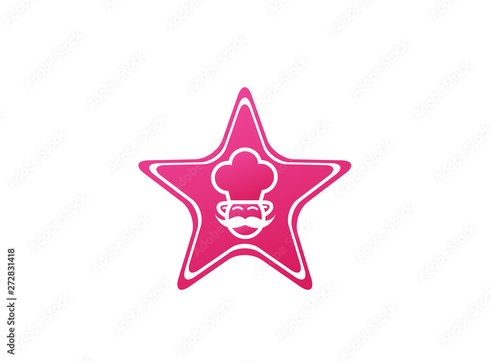 Cooker with mustache smile and wear a big hat logo design illustration in the shape Cooker with mustache smile and wear a big hat logo design illustration in the shape
