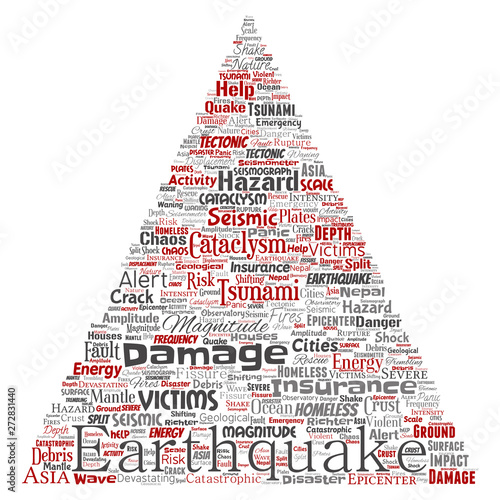 Vector conceptual earthquake activity triangle arrow word cloud isolated background. Collage of natural seismic tectonic crust tremble, violent tsunami waves risk, tectonic plates shifting concept