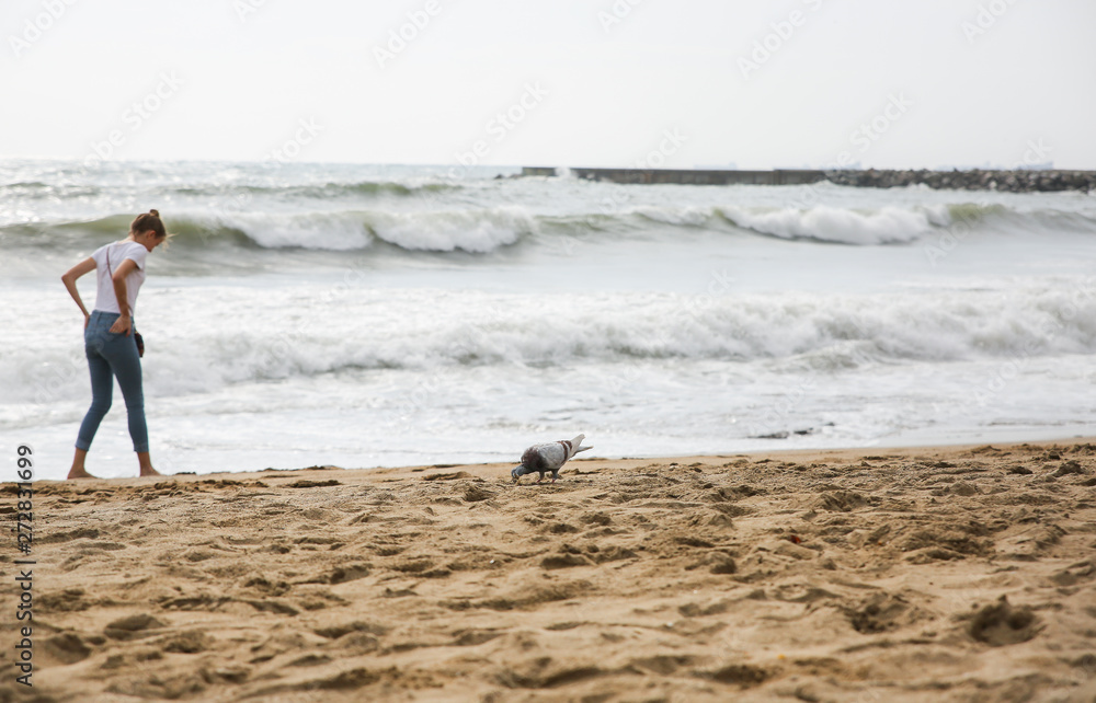 Hipster girl is walking at the beach. Pigeon on the sand. Big waves at the ocean side. Coastline in the clouds and sun. Summer vacation. Travel concept. Hipster girl is walking at the beach. Pigeon on the sand. Big waves at the ocean side. Coastline in the clouds and sun. Summer vacation. Travel concept.