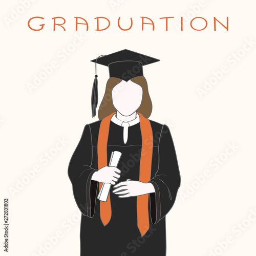 Faceless girl in graduation gown in cap and with a diploma in hands. Handwritten inscription graduation.
