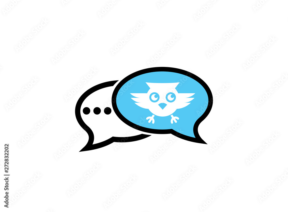 Owl open eyes and fly in a chat icon for logo design illustration