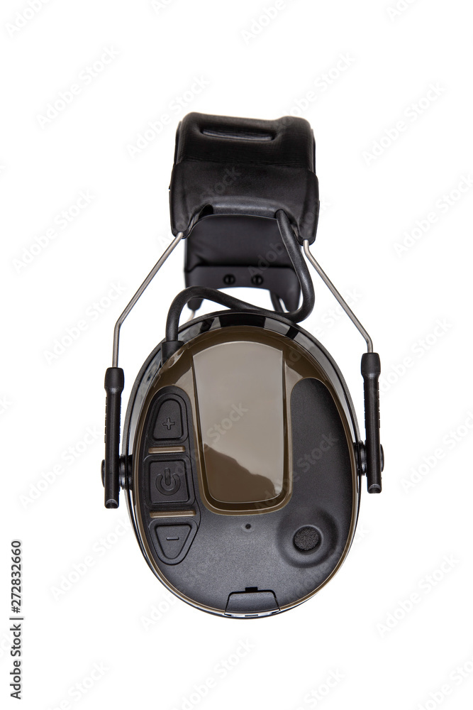 Fototapeta premium Protective headphones on white background. Safety equipment. Headphones for noise reduction.