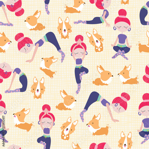 Seamless pattern with cute/ kawaii girl in yoga poses with corgi welsh. Creamy background. Healthy lifestyle. Design for textile, fabric, decoration, wallpaper, wrapping, scrapbook and packaging.