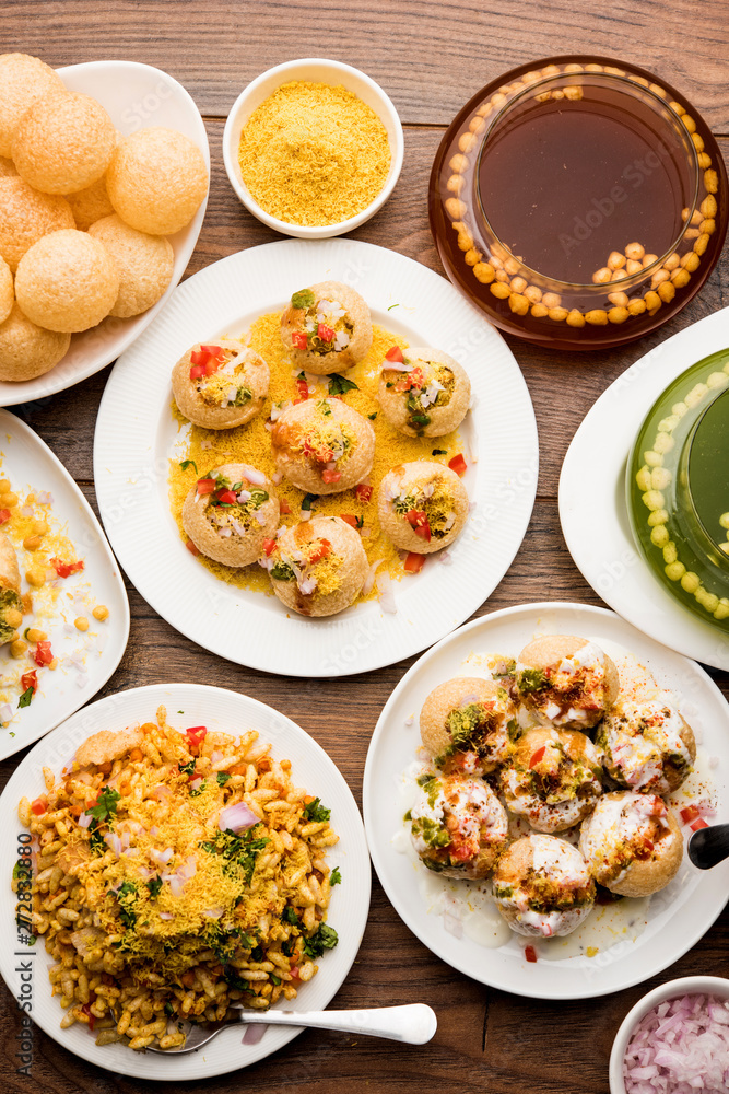 group of Bombay chat food includes golgappa/panipuri, bhel-puri, sev-poori, dahipuri, Ragda pattice, raj kachori etc. selective focus