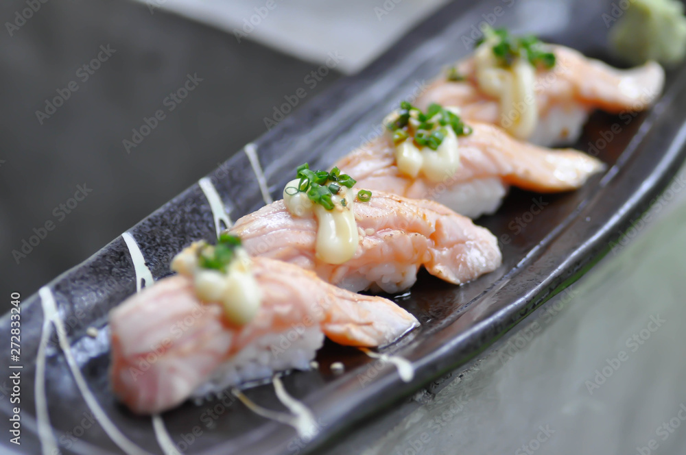 sushi or rice topped with salmon, Japanese food sushi or rice topped with salmon, Japanese food