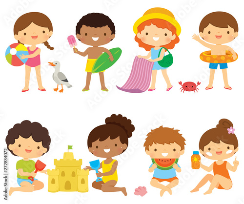 Collection of cute kids enjoying summer at the beach