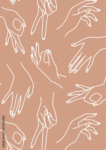 Woman's hand line pink and white Background. Vector Print of female hands of different gestures - victory, okay. Template A5 A4 A3 for wedding, invitations, banners, cards, business card