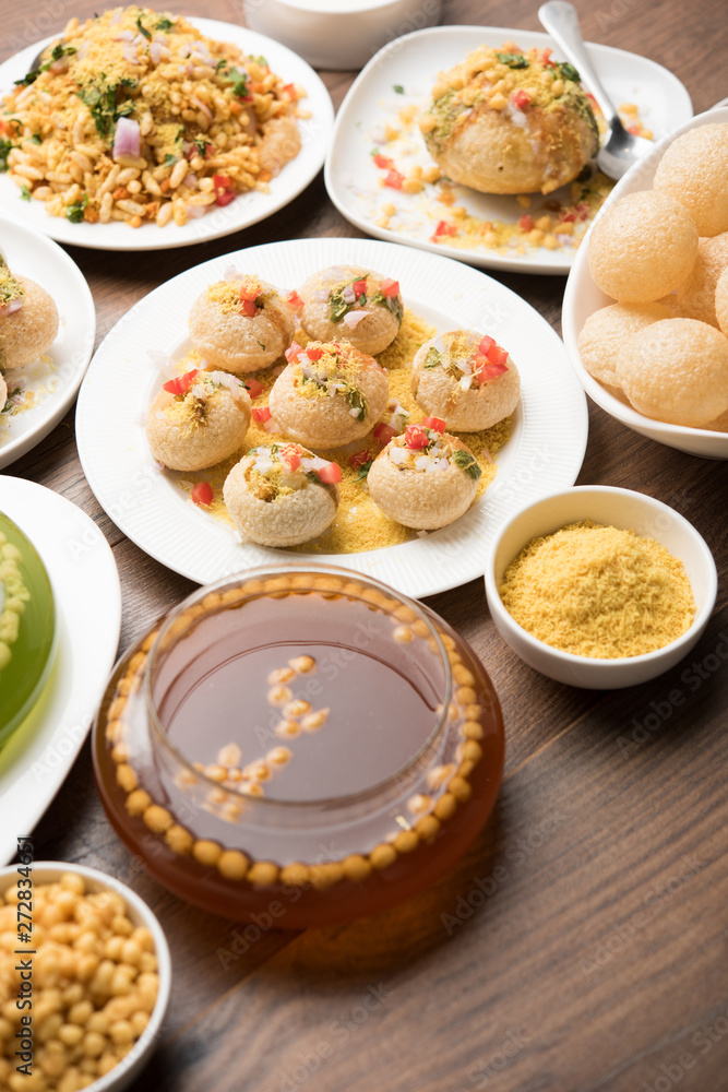 group of Bombay chat food includes golgappa/panipuri, bhel-puri, sev-poori, dahipuri, Ragda pattice, raj kachori etc. selective focus group of Bombay chat food includes golgappa/panipuri, bhel-puri, sev-poori, dahipuri, Ragda pattice, raj kachori etc. selective focus