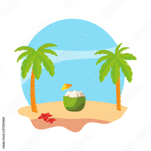summer beach with palms and coconut cocktail scene