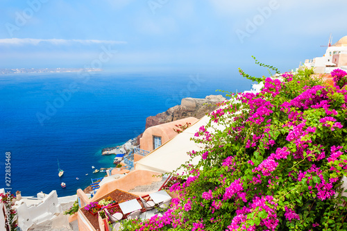 Pink flowers on the terrace with sea view. Santorini island, Greece.