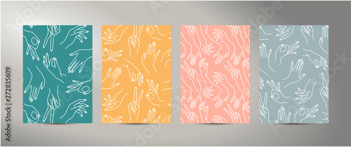 Woman's hand line Abstract mustard, pink, mint, blue Background. Vector texture of the of female hands of different gestures. Template A5 A4 A3 for wedding, invitations, banners, cards, business card © Sini4ka