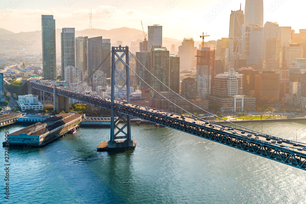 Obraz premium Aerial view of the Bay Bridge in San Francisco, CA