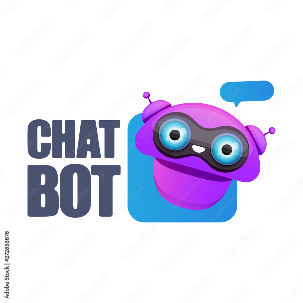 cute chatbot character or intelligent assistant with speech bubble isolated on white background. Vector Funny robot assistant, chatter bot, helper chatbot logo or label cute chatbot character or intelligent assistant with speech bubble isolated on white background. Vector Funny robot assistant, chatter bot, helper chatbot logo or label