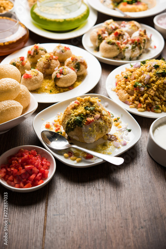 group of Bombay chat food includes golgappa/panipuri, bhel-puri, sev-poori, dahipuri, Ragda pattice, raj kachori etc. selective focus