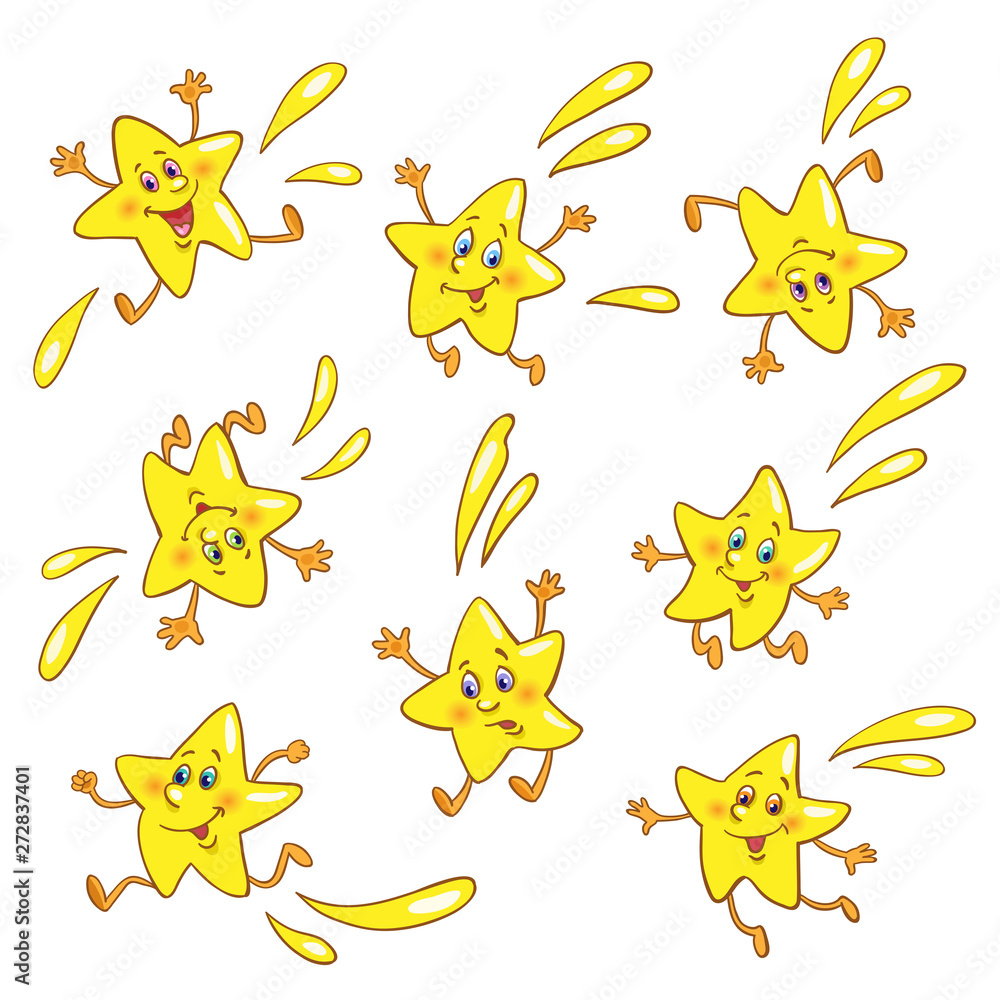 Set of fun falling stars. In cartoon style. Isolated on white background. Set of fun falling stars. In cartoon style. Isolated on white background.