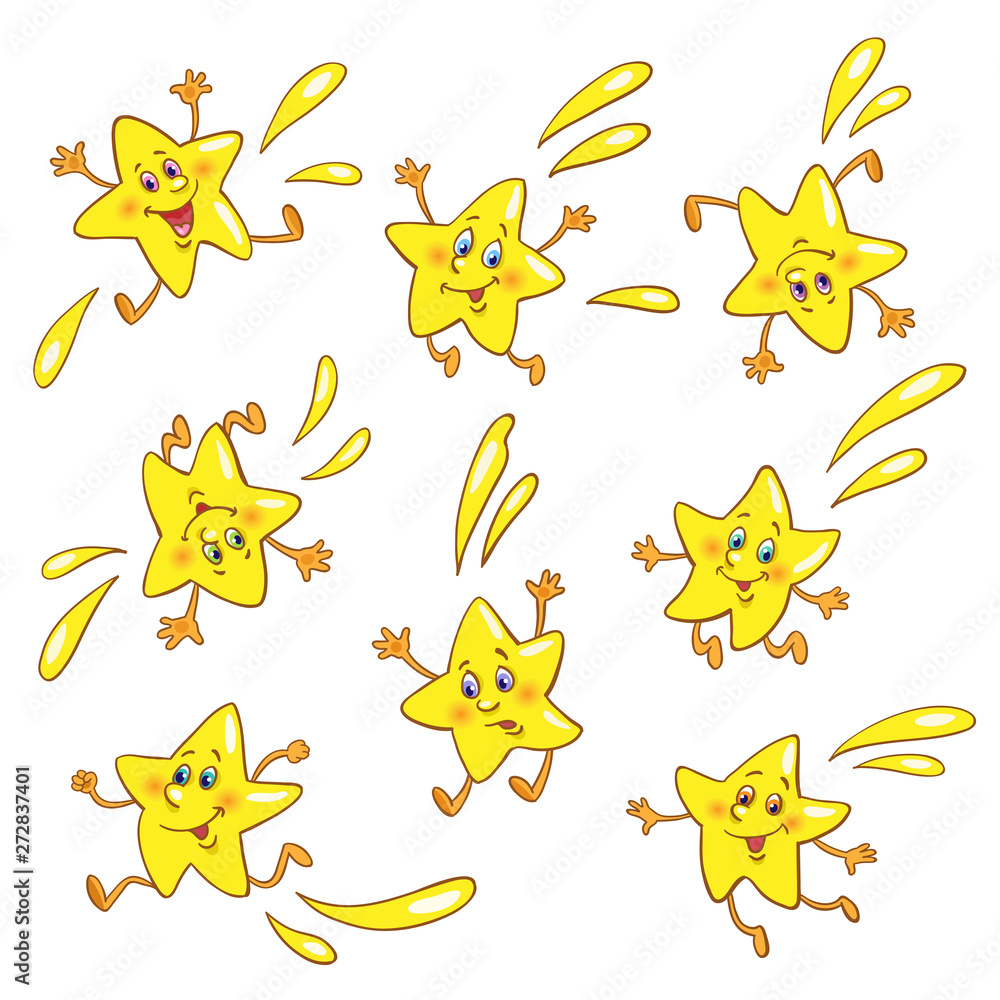 Set of fun falling stars. In cartoon style. Isolated on white background.