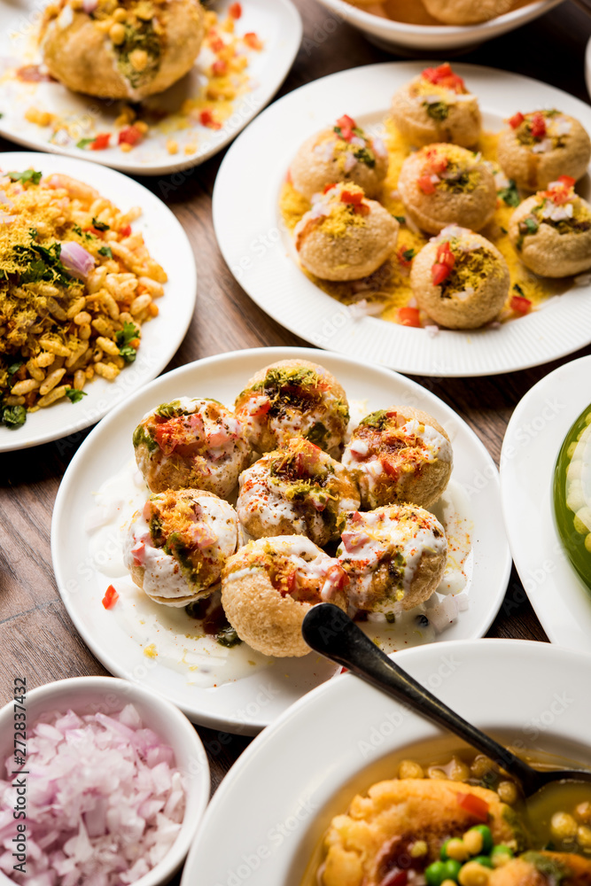 group of Bombay chat food includes golgappa/panipuri, bhel-puri, sev-poori, dahipuri, Ragda pattice, raj kachori etc. selective focus group of Bombay chat food includes golgappa/panipuri, bhel-puri, sev-poori, dahipuri, Ragda pattice, raj kachori etc. selective focus