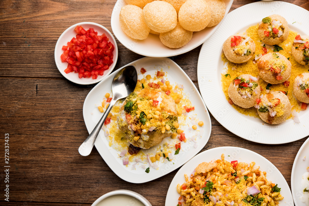 group of Bombay chat food includes golgappa/panipuri, bhel-puri, sev-poori, dahipuri, Ragda pattice, raj kachori etc. selective focus group of Bombay chat food includes golgappa/panipuri, bhel-puri, sev-poori, dahipuri, Ragda pattice, raj kachori etc. selective focus
