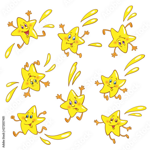 Set of fun falling stars. In cartoon style. Isolated on white background.