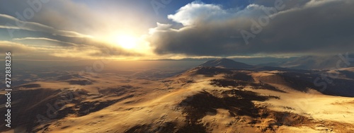 Desert at sunset, sand dunes under the sun, sky with clouds over the desert
