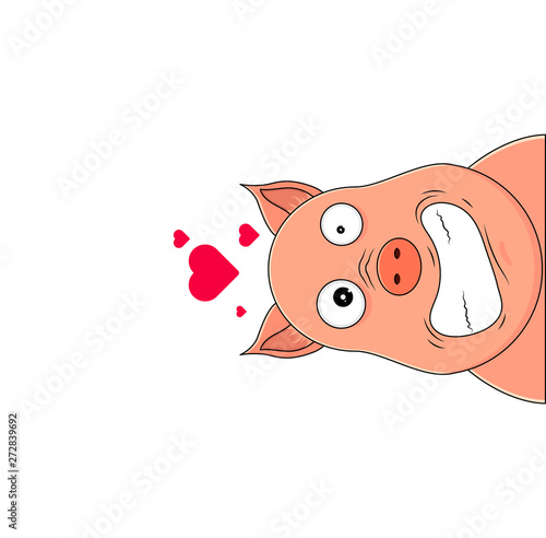 Head of pig looking hysterical with hearts over head.