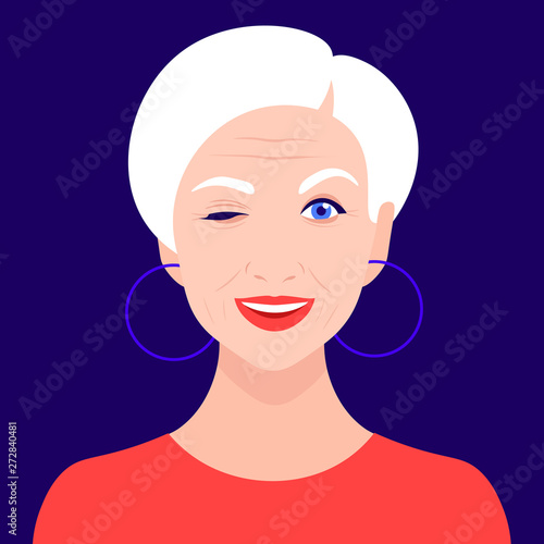 An older woman winks and smiles. Portrait of a funny grandmother. Avatar Vector flat illustration