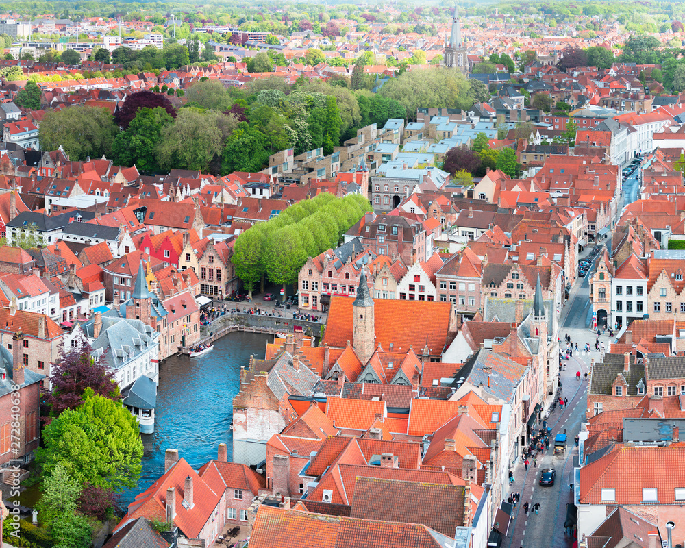 Obraz premium Famous tourist destination for photos in Bruges, Belgium. Aerial view, view from the Belfort tower.