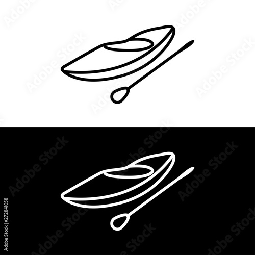 Boat kayak and paddle icon in outline style. Vector illustration on white and black background.