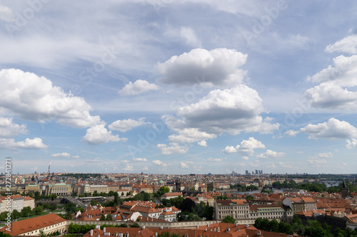 Red roofs of houses in Prague with green foliage of trees. View of the city in the summer.