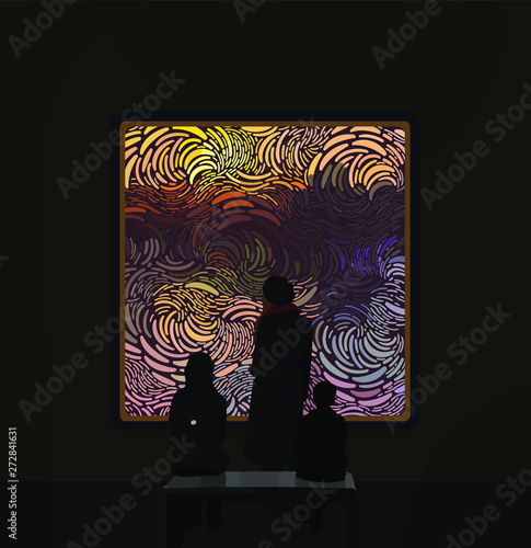 Exhibition visitors regarding creative artworks or exhibits in museum. People silhouettes looking at the old painting on gallery wall. Vector illustration 