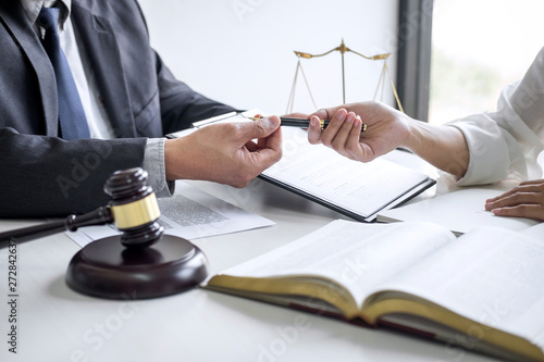 Good service cooperation, Consultation of Businesswoman and Male lawyer or judge counselor having team meeting with client, Law and Legal services concept