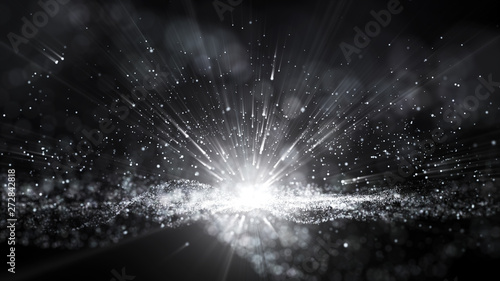 Valokuva Abstract black and white dust particle glitter sparks bokeh background, lights ray shine glow beam in black and white